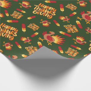 Turkey, Feather and Happy Thanksgiving Dark Green Wrapping Paper