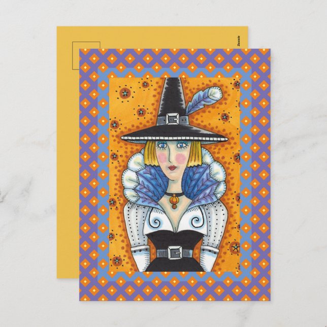 TURKEY FEATHER WITCH, A SALEM THANKSGIVING, FOLK HOLIDAY POSTCARD (Front/Back)