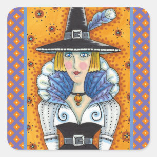 TURKEY FEATHER WITCH, A SALEM THANKSGIVING, FOLK SQUARE STICKER