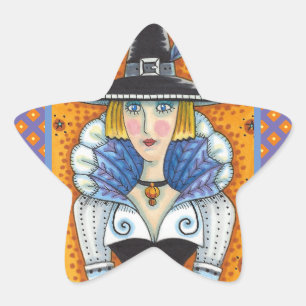 TURKEY FEATHER WITCH, A SALEM THANKSGIVING, FOLK STAR STICKER