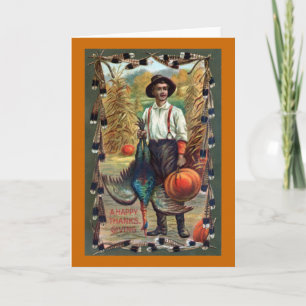 Turkey, Feathers and Farmer Vintage Thanksgiving Holiday Card