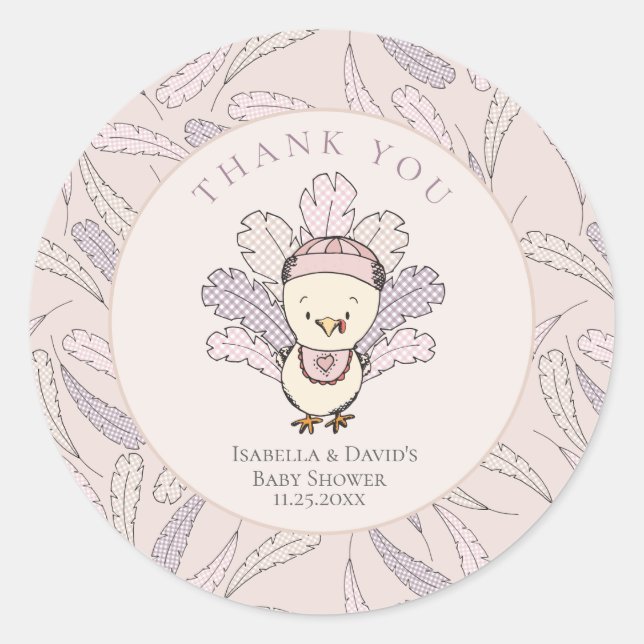 Turkey & Feathers Fall Girl Baby Shower Thank You Classic Round Sticker (Front)