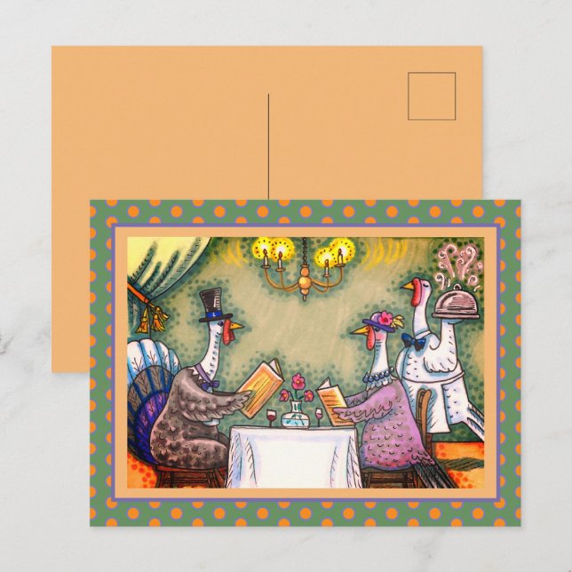 TURKEY FINE DINING, THANKSGIVING BIRD HUMOR HOLIDAY POSTCARD (Front/Back)