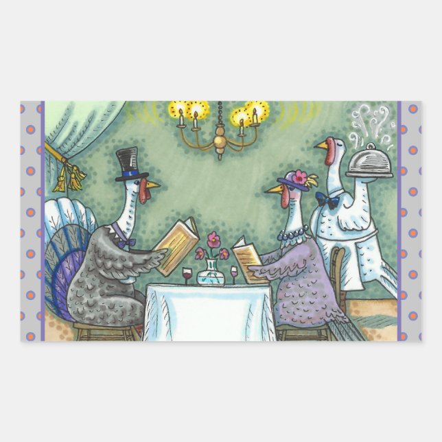 TURKEY FINE DINING, THANKSGIVING BIRD HUMOR RECTANGULAR STICKER (Front)