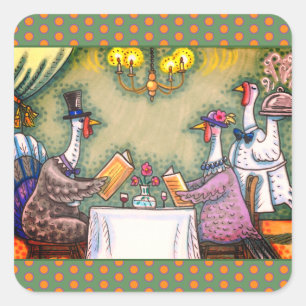 TURKEY FINE DINING, THANKSGIVING BIRD HUMOR SQUARE STICKER