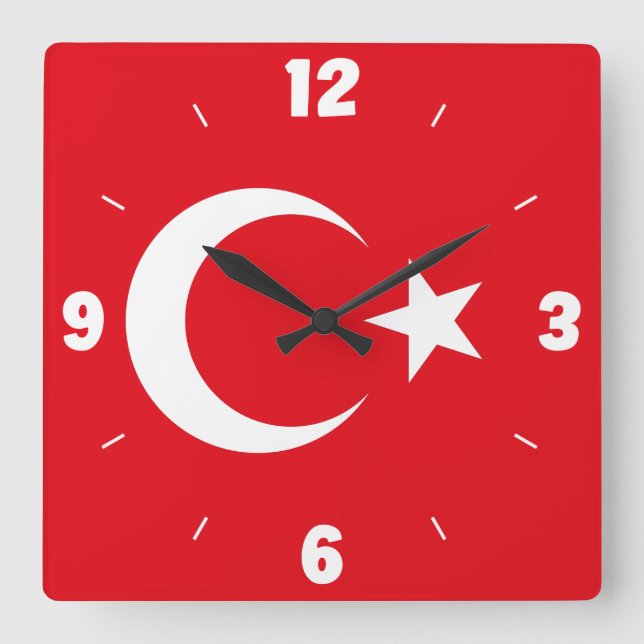 Turkey Flag Numbers Red White Crescent Star Square Wall Clock (Front)