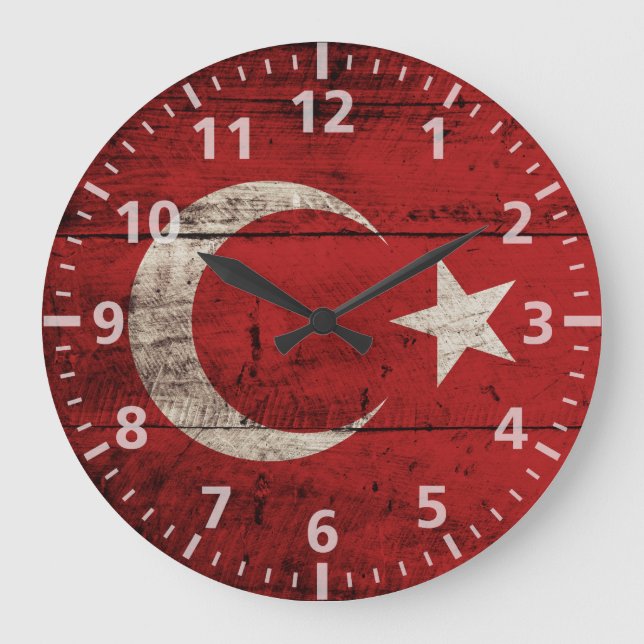 Turkey Flag on Old Wood Grain Large Clock (Front)