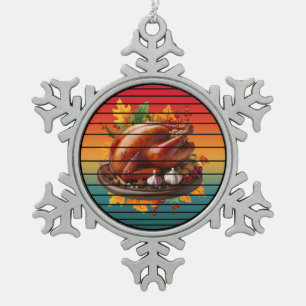 Turkey happy thanksgiving day fall season autumn snowflake pewter christmas ornament