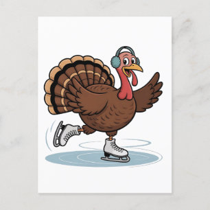 Turkey Ice Skating Thanksgiving Gobbler Holiday Postcard