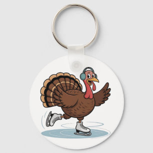 Turkey Ice Skating Thanksgiving Gobbler  Key Ring