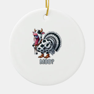 Turkey In Cow Costume, Moo Funny Thanksgiving _2 Ceramic Tree Decoration