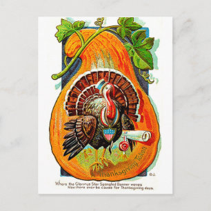 Turkey inside orange pumpkin, vintage thanksgiving postcard