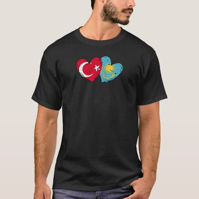 Turkey Kazakhstan Flag Heart Turkish Kazakh Friend T-Shirt (Front)