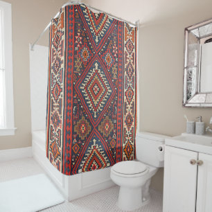 Turkey Kilim Aztec Red Blue Tan  Shower Curtain