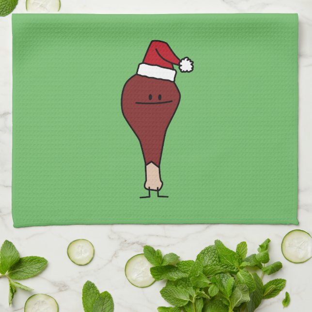 Turkey Leg wearing a Santa Hat Christmas holidays Tea Towel (Folded)
