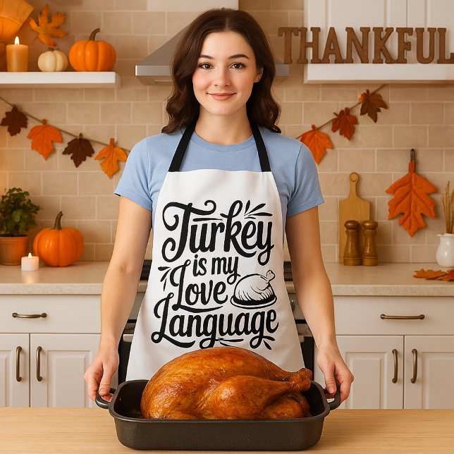 Turkey Lover Thanksgiving Foodie Meme Apron (woman proudly displaying Thanksgiving turkey before carving to serve at the holiday feast)