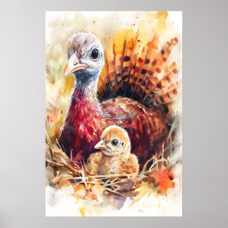 Turkey Mama and Baby Watercolor Nursery Print