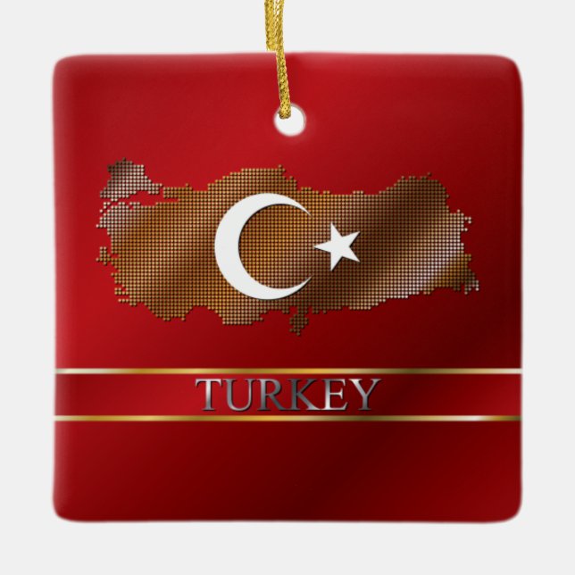 Turkey Map and Turkish Flag Metallic Gold Ceramic Tree Decoration (Front)