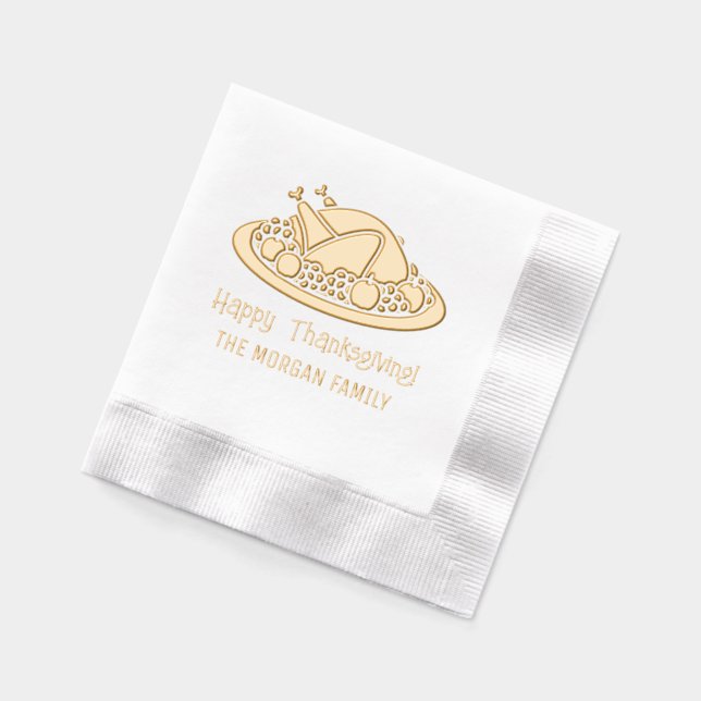 Turkey on Platter Happy Thanksgiving Family Name Foil Napkins (Left)