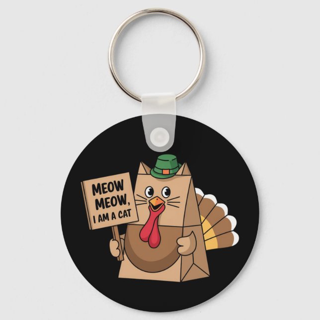 Turkey Paper Bag Meow Funny Thanksgiving Cat  Key Ring (Front)