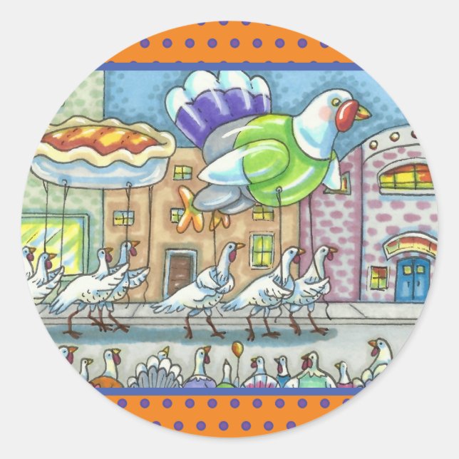 TURKEY PARADE, THANKSGIVING DAY HELIUM BALLOONS CLASSIC ROUND STICKER (Front)