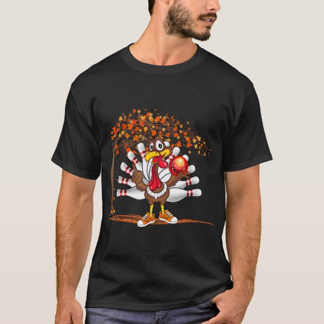 Turkey Playing Bowling Thanksgiving Turkey Tail Bo T-Shirt (Front)