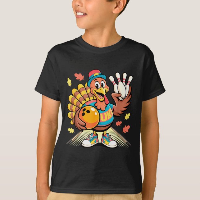 Turkey Playing Bowling Thanksgiving Turkey Tail Bo T-Shirt (Front)