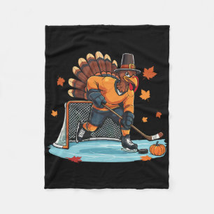 Turkey Playing Ice Hockey Thanksgiving Hockey Play Fleece Blanket