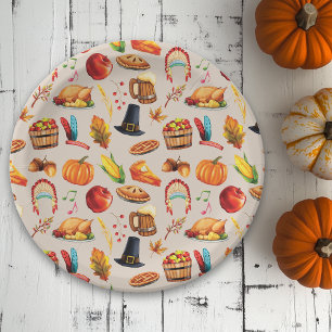 Turkey Pumpkin Fall Thanksgiving Fun Pattern Paper Plate