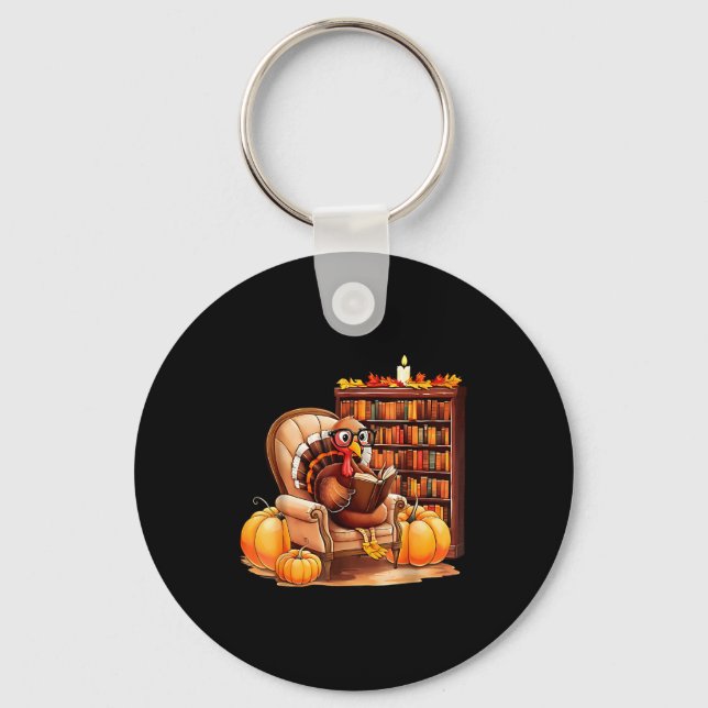 Turkey Reading Books Fall Thanksgiving Teacher Boo Key Ring (Front)