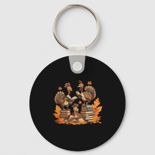 Turkey Reading Books Thanksgiving Women Men Kids B Key Ring