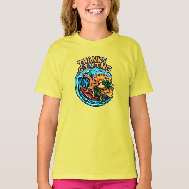 Turkey Riding a Surf Board on the Ocean Waves T-Shirt (Front)