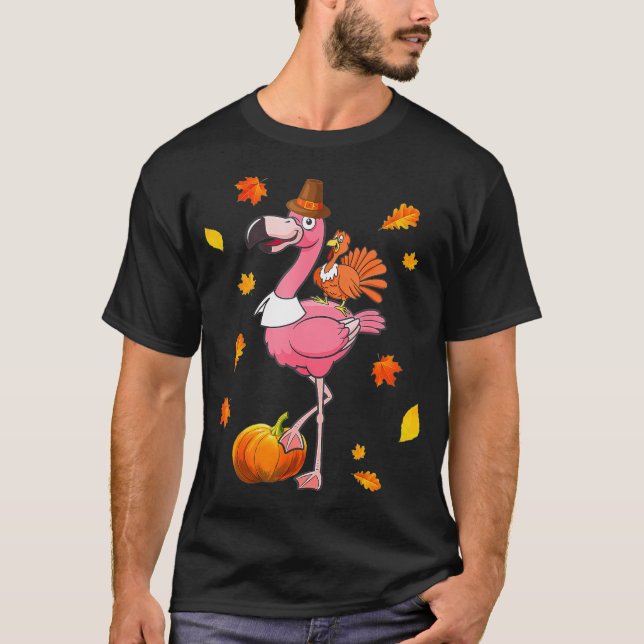 Turkey Riding Flamingo Thanksgiving Day T-Shirt (Front)