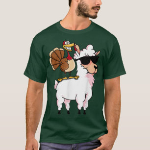 Turkey Riding Hipster Llama Cartoon Funny Thanksgi T-Shirt