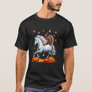 Turkey Riding Horse Thanksgiving Fall Leaves Pumpk T-Shirt