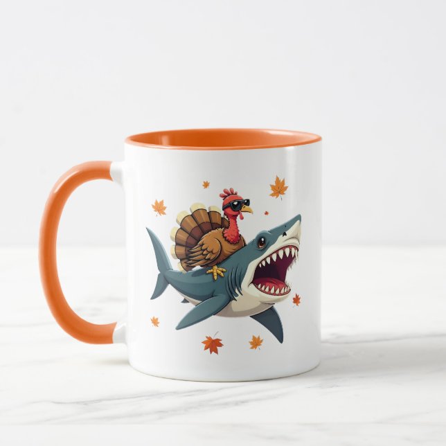 Turkey Riding Shark Funny Thanksgiving  Mug (Left)