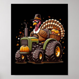 Turkey Riding Tractor Boys Kids Happy Thanksgiving Poster