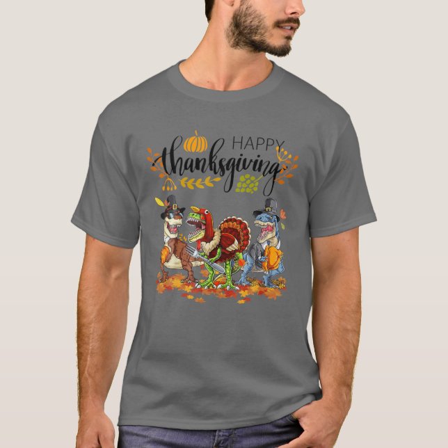 Turkey Saurus T Rex Pilgrim Dinosaur Fall Happy Th T-Shirt (Front)