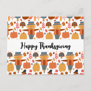 Turkey & Scarecrow Thanksgiving Pattern Holiday Postcard