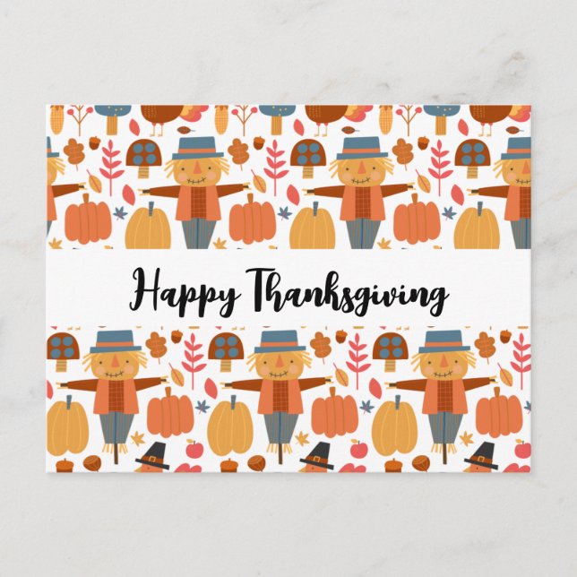 Turkey & Scarecrow Thanksgiving Pattern Holiday Postcard (Front)