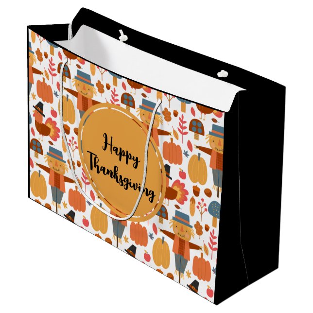 Turkey & Scarecrow Thanksgiving Pattern Large Gift Bag (Front Angled)