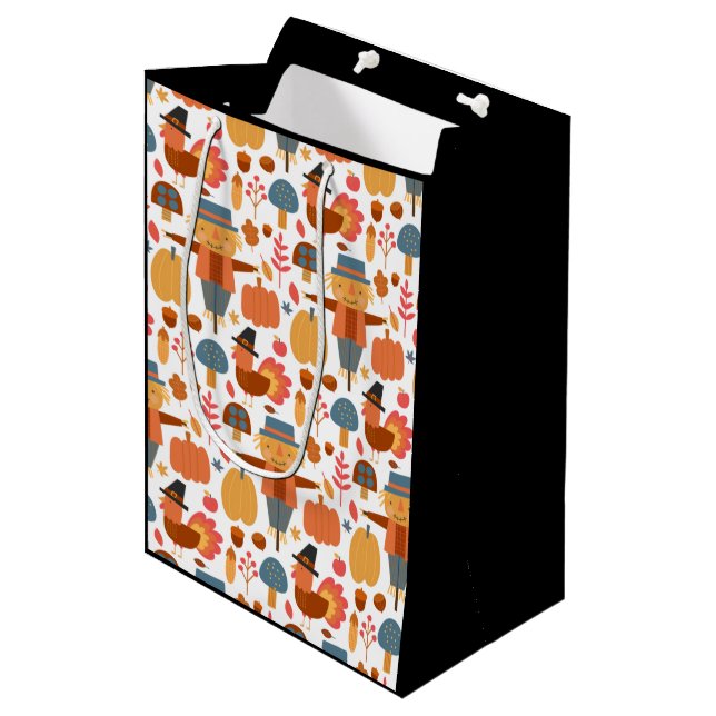 Turkey & Scarecrow Thanksgiving Pattern Medium Gift Bag (Front Angled)