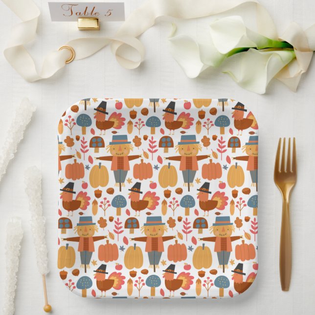 Turkey & Scarecrow Thanksgiving Pattern Paper Plate (Wedding)