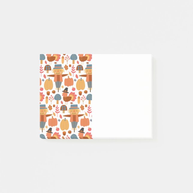 Turkey & Scarecrow Thanksgiving Pattern Post-it Notes (Front)