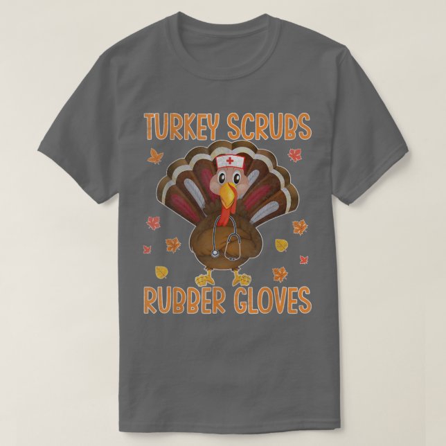 Turkey Scrubs Rubber Gloves Thanksgiving Scrub Top (Design Front)