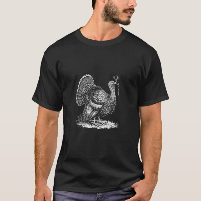 Turkey Smoking a Cigarette Funny Turkey Hunter Gra T-Shirt (Front)