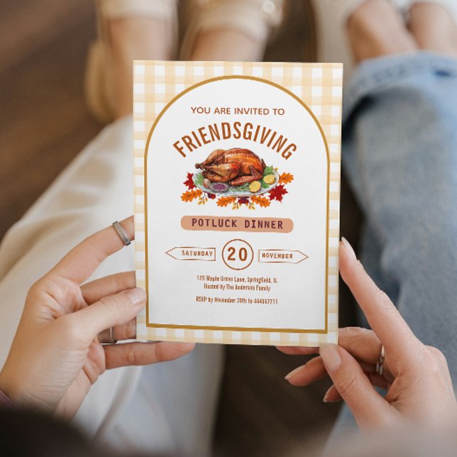 Turkey Thanksgiving Potluck Dinner Arch Gingham  Invitation (Rustic Turkey Thanksgiving Dinner Gingham Fall Invitation)