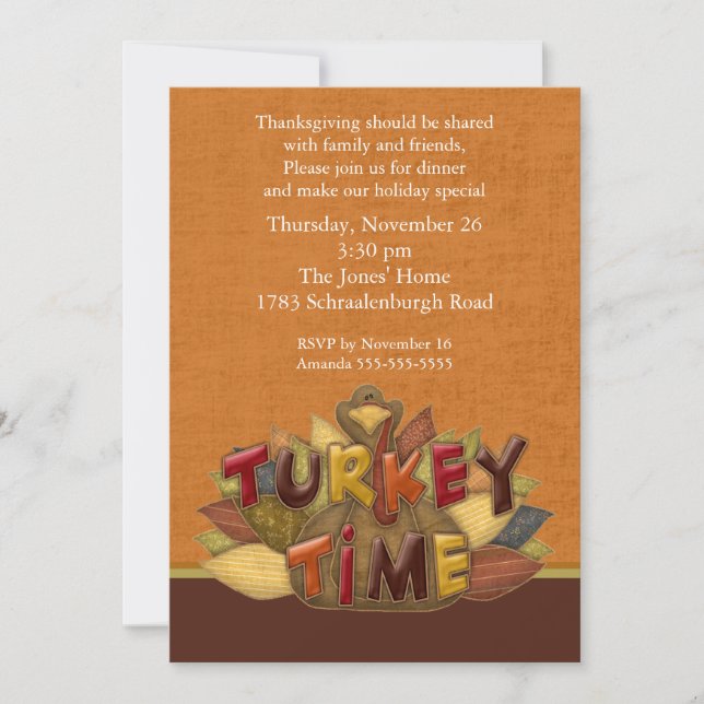 Turkey Time Thanksgiving Dinner Invitation (Front)