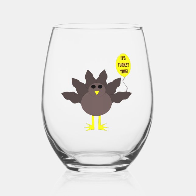 Turkey Time Thanksgiving Stemless Wine Glass (Front)