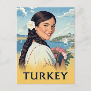 Turkey Travel Poster Smiling Woman and Coastal Postcard